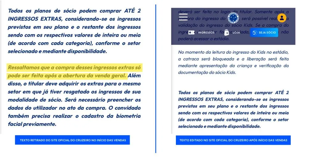 Cruzeiro iniciou venda com uma informação e alterou após críticas