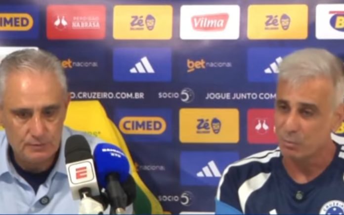Tite, treinador do Cruzeiro, e Fabio Mahseredjian, preparador físico do time (Foto: Reprodução/Samuca TV)