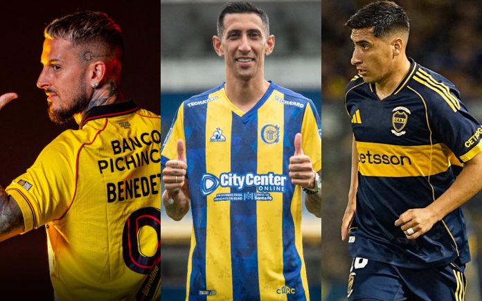 Benedetto, Di Maria e Merentiel (Fotos: Divulgação/Barcelona de Guayaquil, Divulgação/Rosário Central e Divulgação/Boca Juniors)