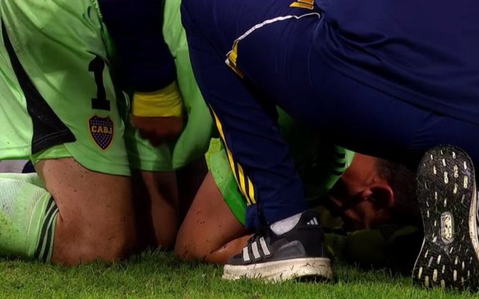 Agustín Marchesin sofreu lesão em duelo diante do Barcelona-EQU (Foto: Reprodução/ESPN)