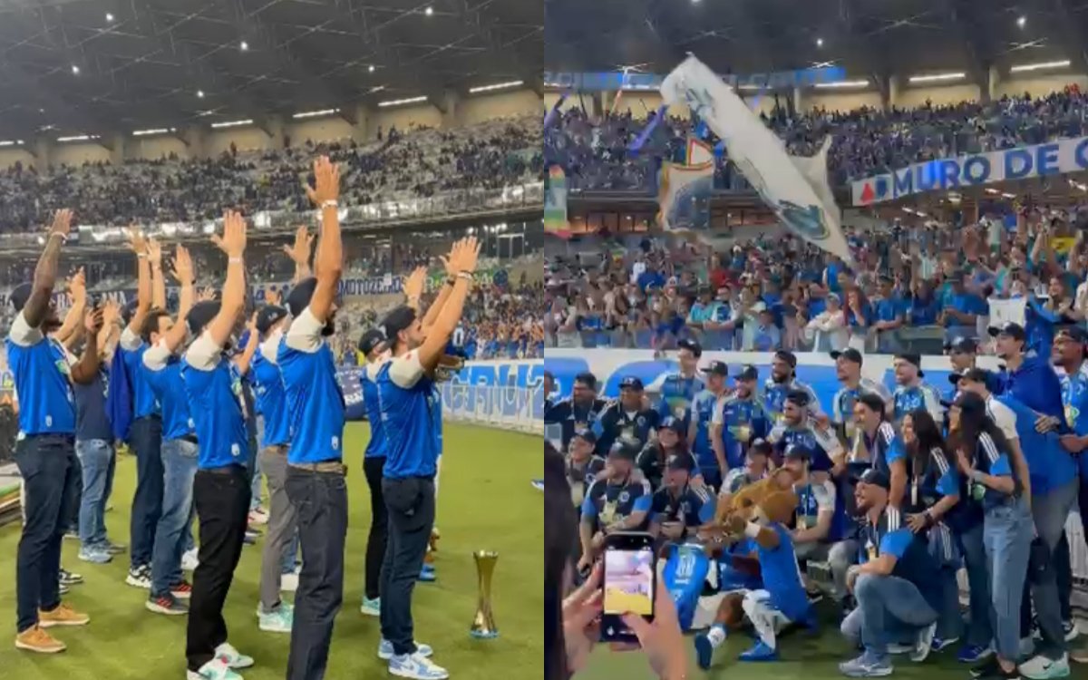 Elenco do Sada Cruzeiro dá volta olímpica no gramado do Mineirão após título da Superliga