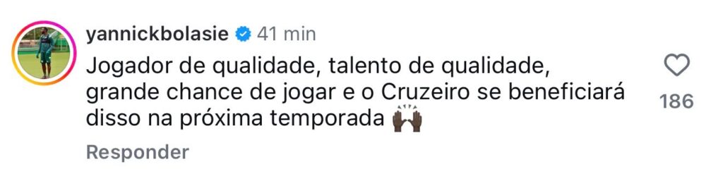 Comentário de Bolasie nas redes sociais do Central da Toca (Foto: Reprodução/Instagram)