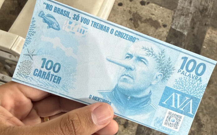 Cédula provocativa distribuída pela torcida do Cruzeiro
