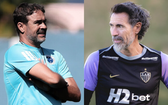 Artur Jorge, técnico do Cruzeiro, e Eduardo Domínguez, técnico do Atlético-MG (Fotos: Gustavo Martins/Cruzeiro e Foto: Pedro Souza/Atlético-MG)