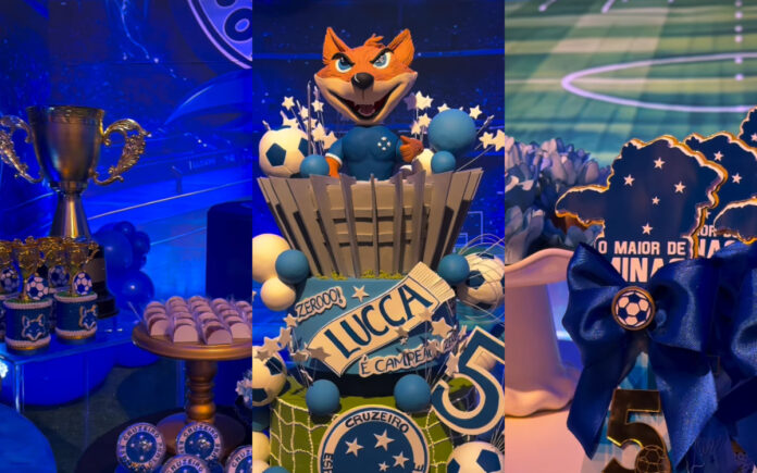 Filho do zagueiro Fabrício Bruno ganha festa temática do Cruzeiro, com bolo e decoração com a Raposa, cores e escudo